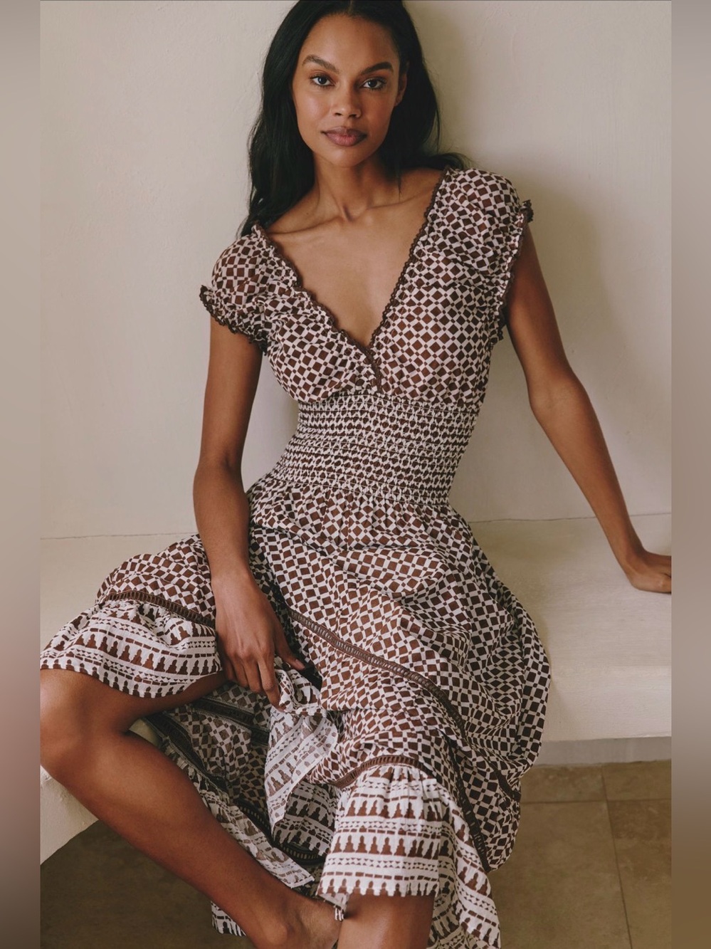 Brown & Cream Geometric Maxi Dress